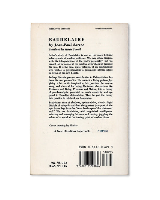 Back cover of the book Baudelaire by Jean-Paul Sartre with a blurb.