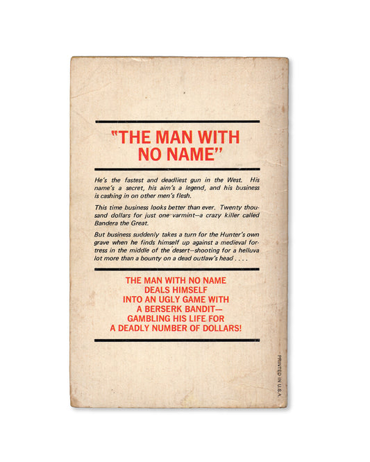 Vintage book cover with text about 'The Man with No Name' on a beige background