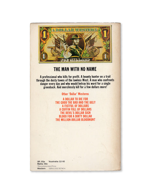 Back book cover of 'For a Few Dollars More' featuring a dollar bill design and text.