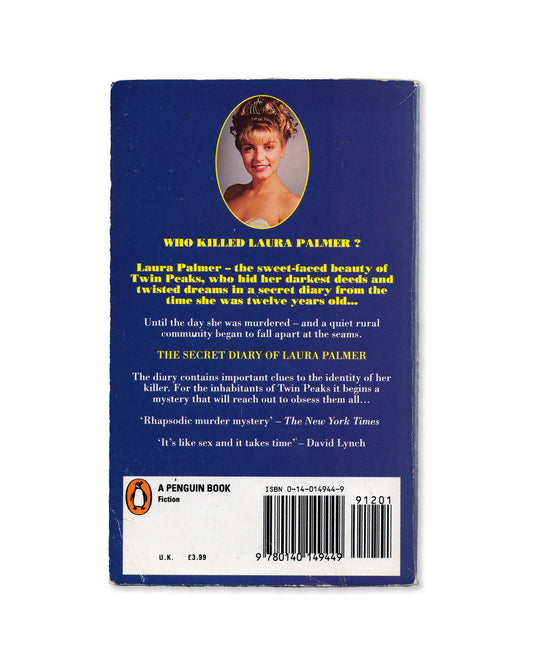 Back Book cover of 'The Secret Diary of Laura Palmer' from Twin Peaks with a blue and white color scheme.