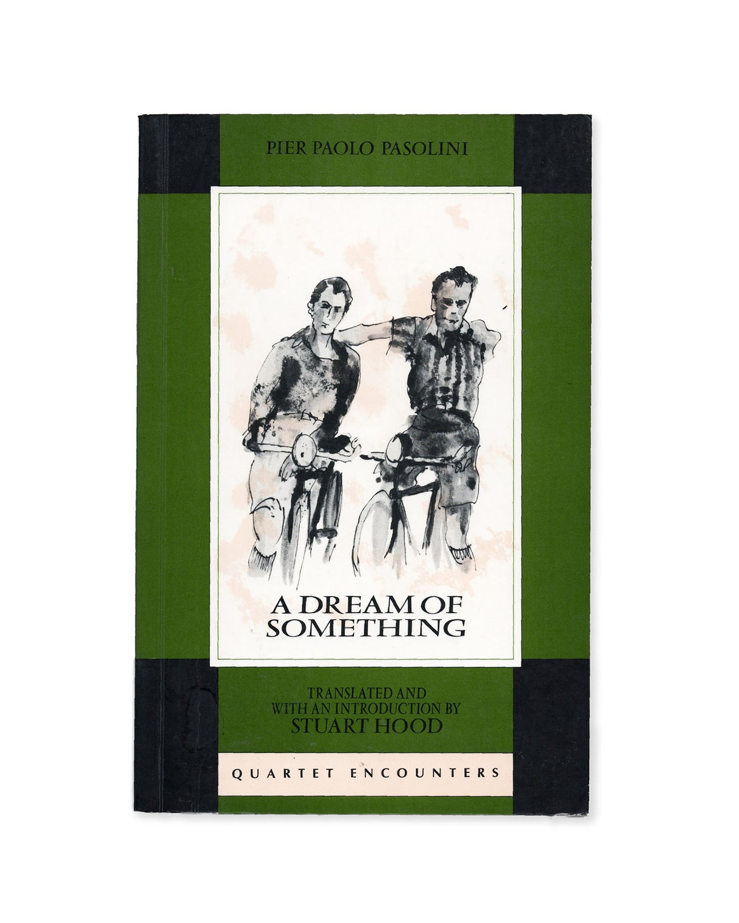 Book cover of 'A Dream of Something' by Pier Paolo Pasolini with illustration of two people on bicycles.