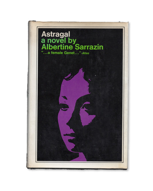 Cover of the book 'Astragal' by Albertine Sarrazin featuring a purple profile of a woman's face on a black background.