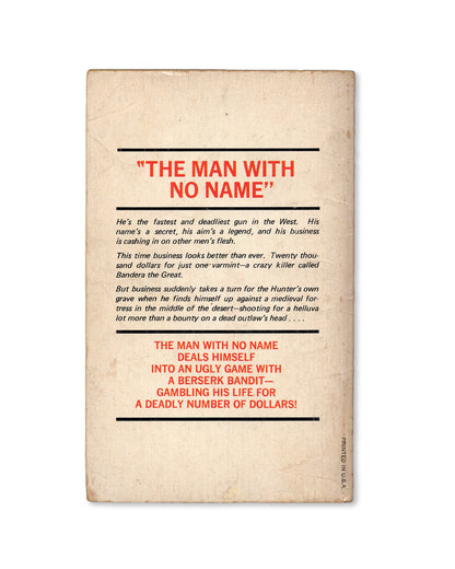 Vintage book cover with text about 'The Man with No Name' on a beige background