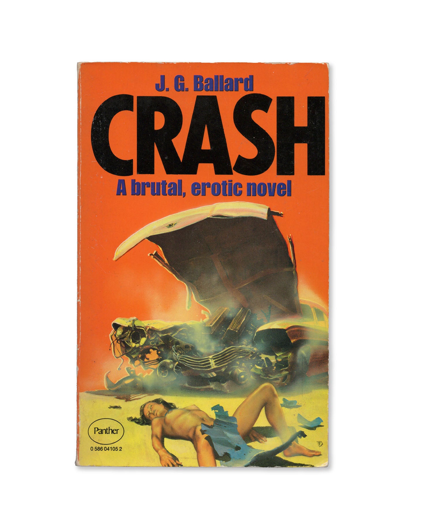 Book cover of 'Crash' by J.G. Ballard with a dramatic illustration of a car crash and a woman lying on the ground.