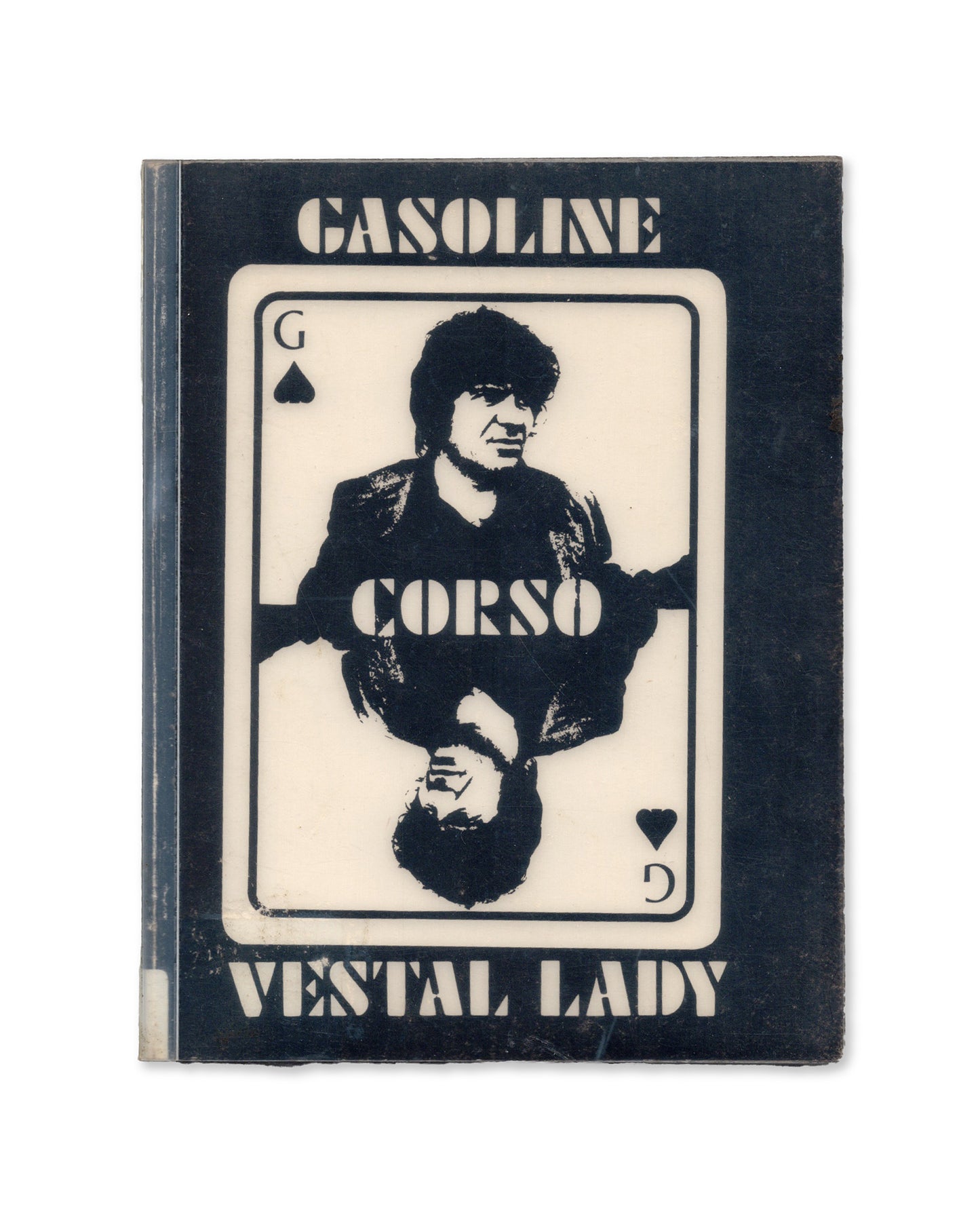 A book cover featuring a black and white image of Gregory Corso with a playing card design and the title 'GASOLINE and VESTAL LADY'.