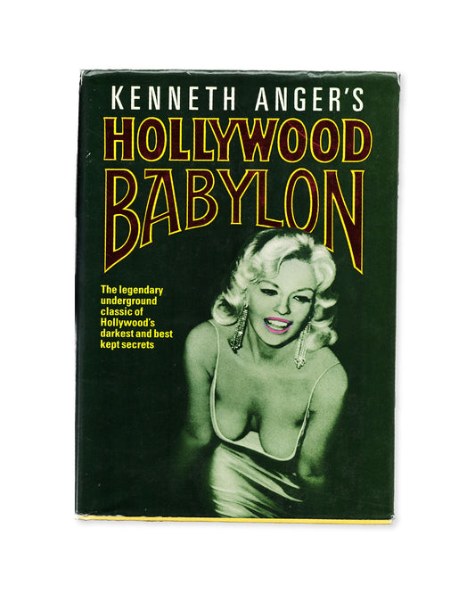 Book cover of 'Hollywood Babylon' by Kenneth Anger with a black and white photo of Jayne Mansfield.
