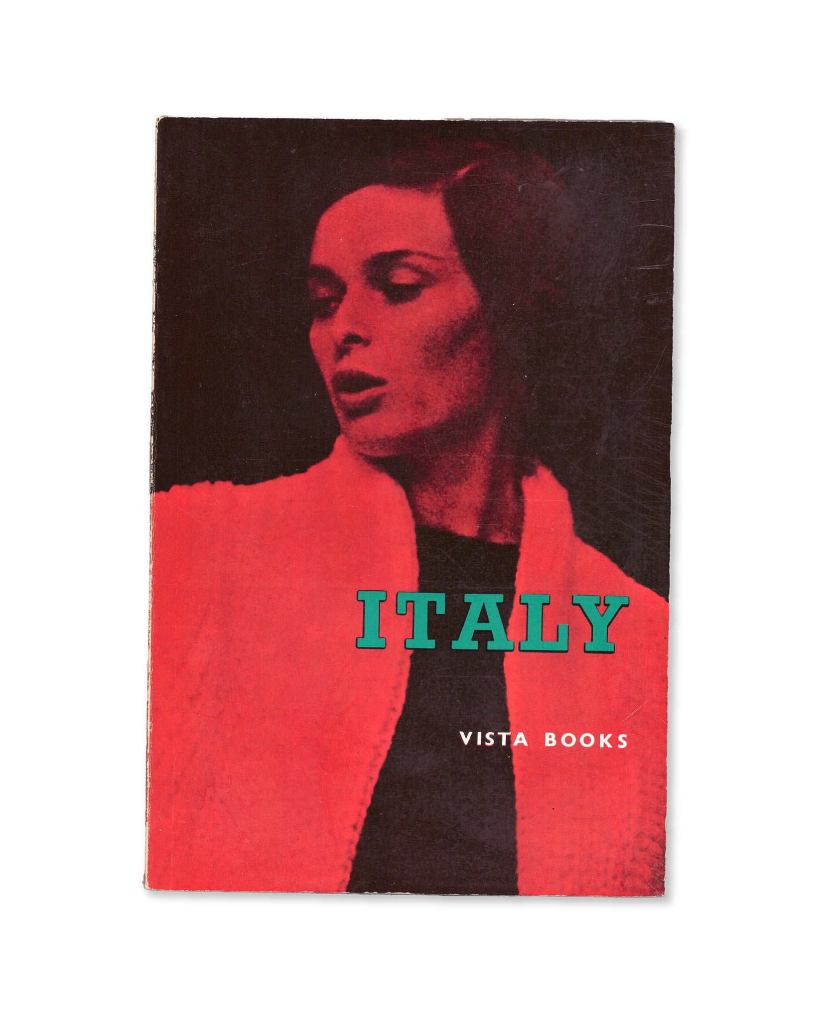 A cover of a book titled 'Italy' from Vista Books, featuring a red and black image of a woman.