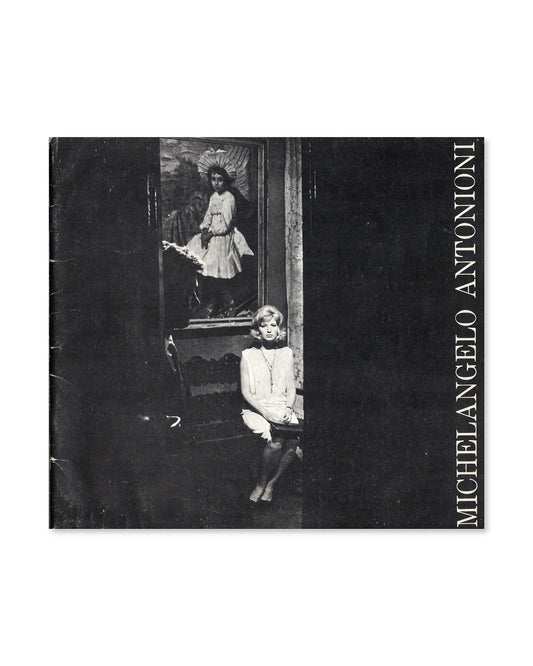 Book cover with black and white photograph of Alan Delon and Monica Vitti sitting in front of a painting, featuring the name 'Michelangelo Antonioni'.