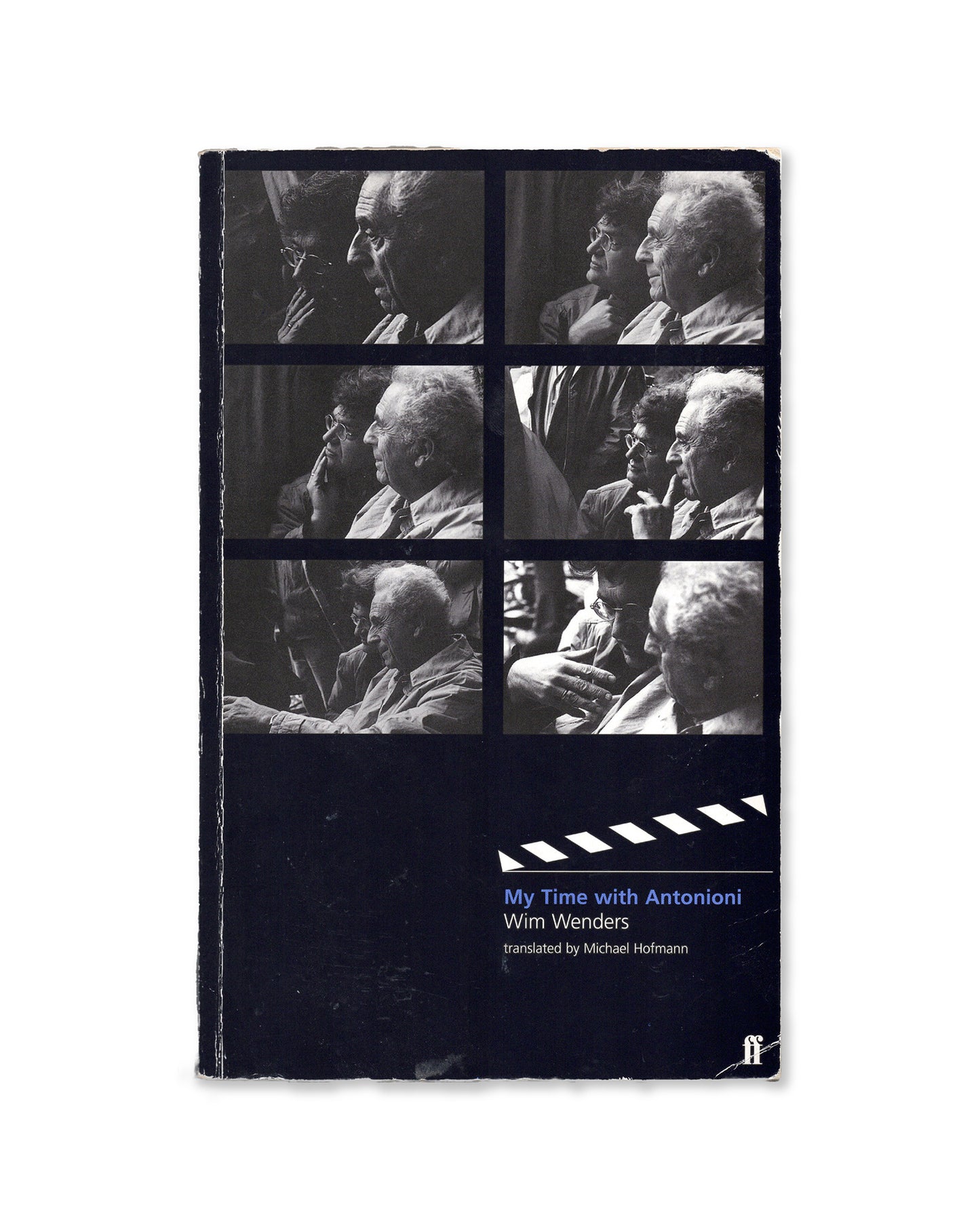 Cover of the book 'My Time with Antonioni' by Wim Wenders, featuring black and white photo's of Antonioni and Wenders.