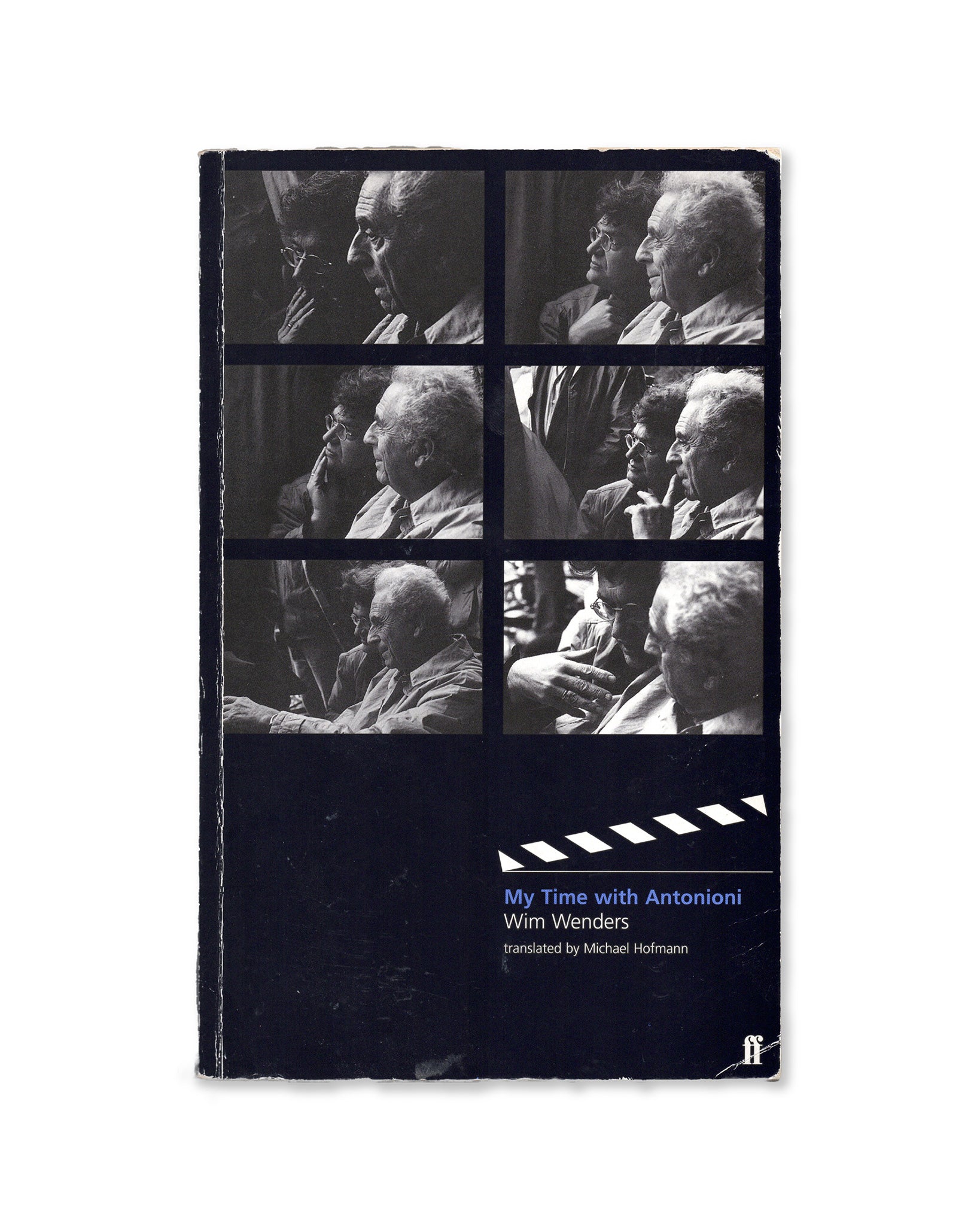 Cover of the book 'My Time with Antonioni' by Wim Wenders, featuring black and white photo's of Antonioni and Wenders.