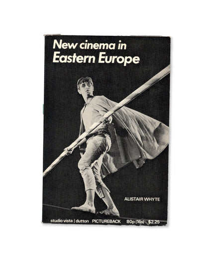 Cover of the book 'New Cinema in Eastern Europe' featuring a black and white photo of a person with a propeller hat, indicative of the era's film industry.