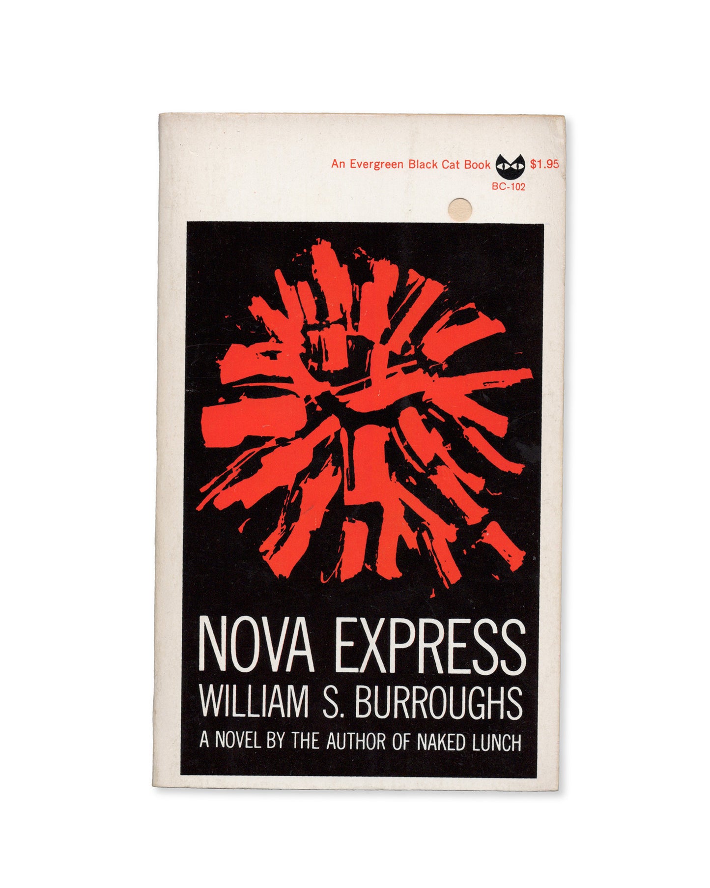 A paperback book edition of 'Nova Express' by William Burroughs, with a orange and black abstract design on the cover.