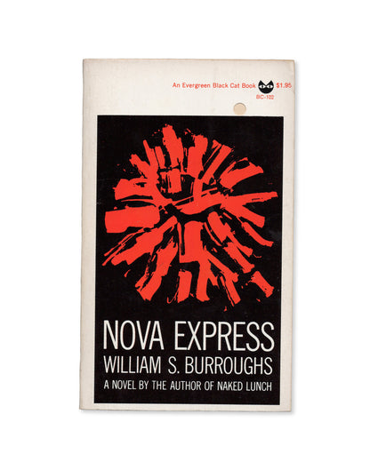 A paperback book edition of 'Nova Express' by William Burroughs, with a orange and black abstract design on the cover.