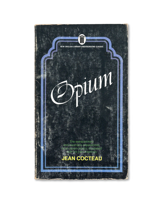 Book cover of 'Opium' by Jean Cocteau with a blue border on a white background