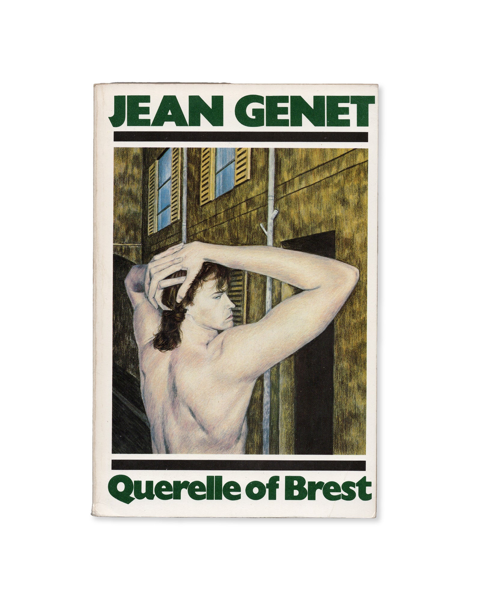 This image features the cover of a paperback edition of "Querelle of Brest" by Jean Genet. The cover displays a striking illustration of a nude male figure with his back towards the viewer.