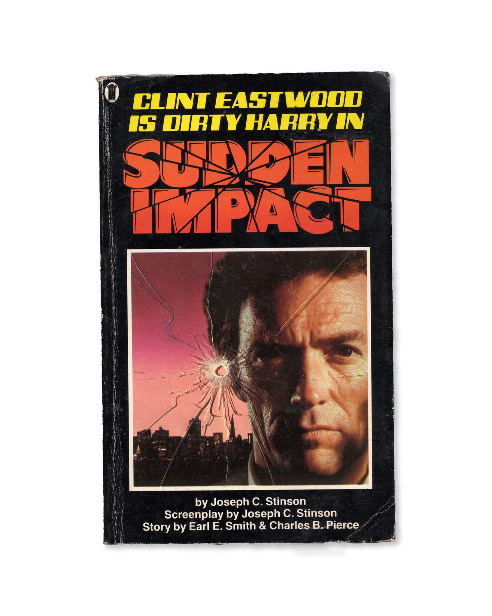 Book cover of 'Sudden Impact' featuring Clint Eastwood as Dirty Harry with a cityscape background.