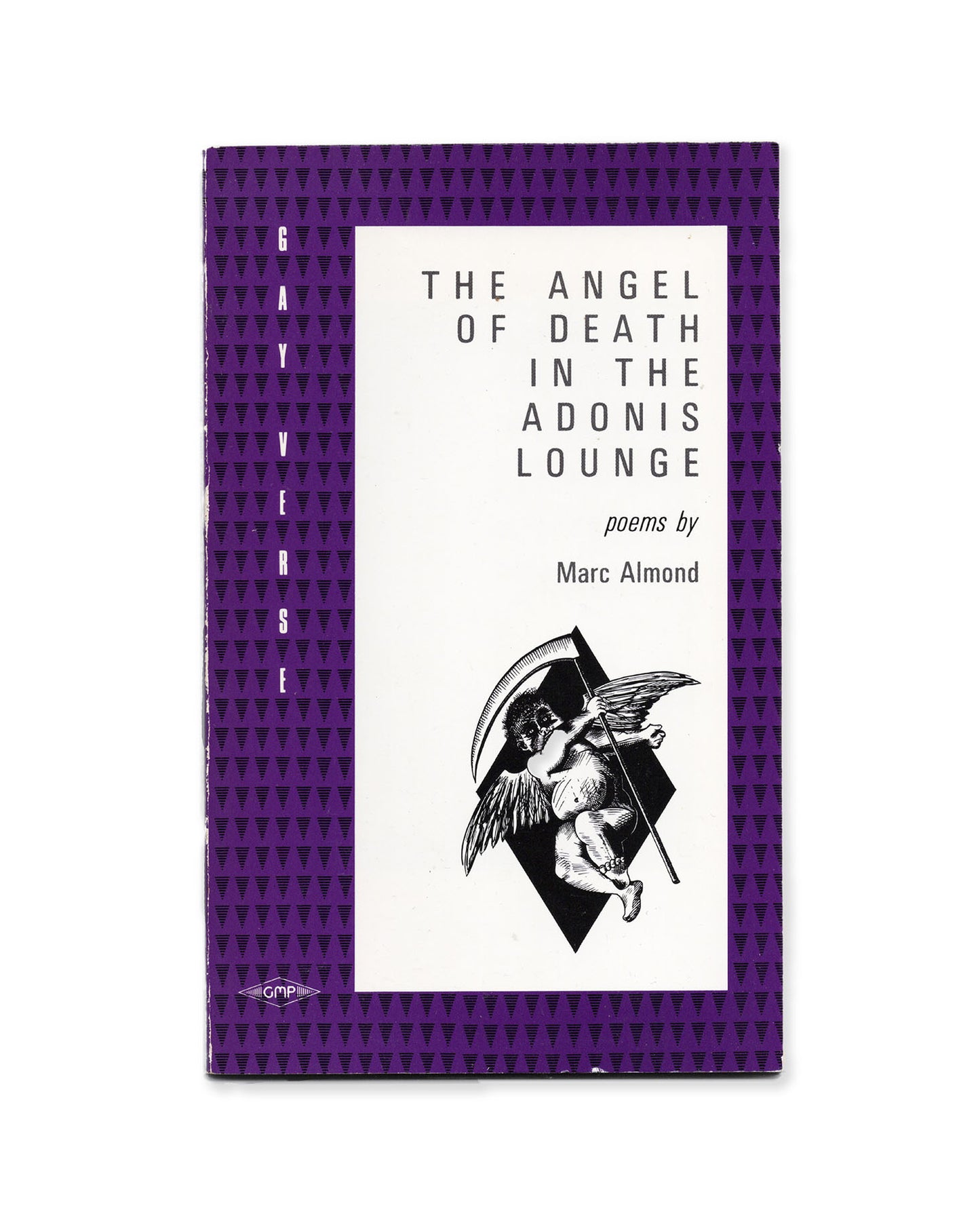 Book cover of 'The Angel of Death in the Adonis Lounge' Poems by Marc Almond, with a purple border and black and white illustration.
