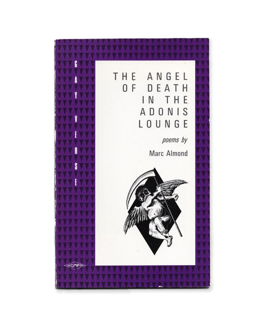 Book cover of 'The Angel of Death in the Adonis Lounge' Poems by Marc Almond, with a purple border and black and white illustration.