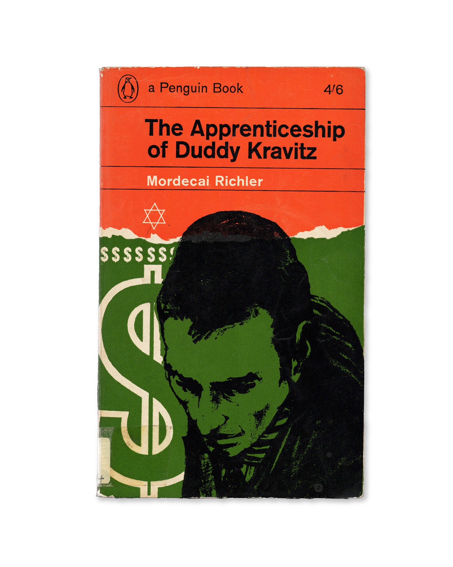 Book cover of 'The Apprenticeship of Duddy Kravitz' by Mordecai Richler featuring the classic orange penguin design from the 60s and green illustration of the protagonist.