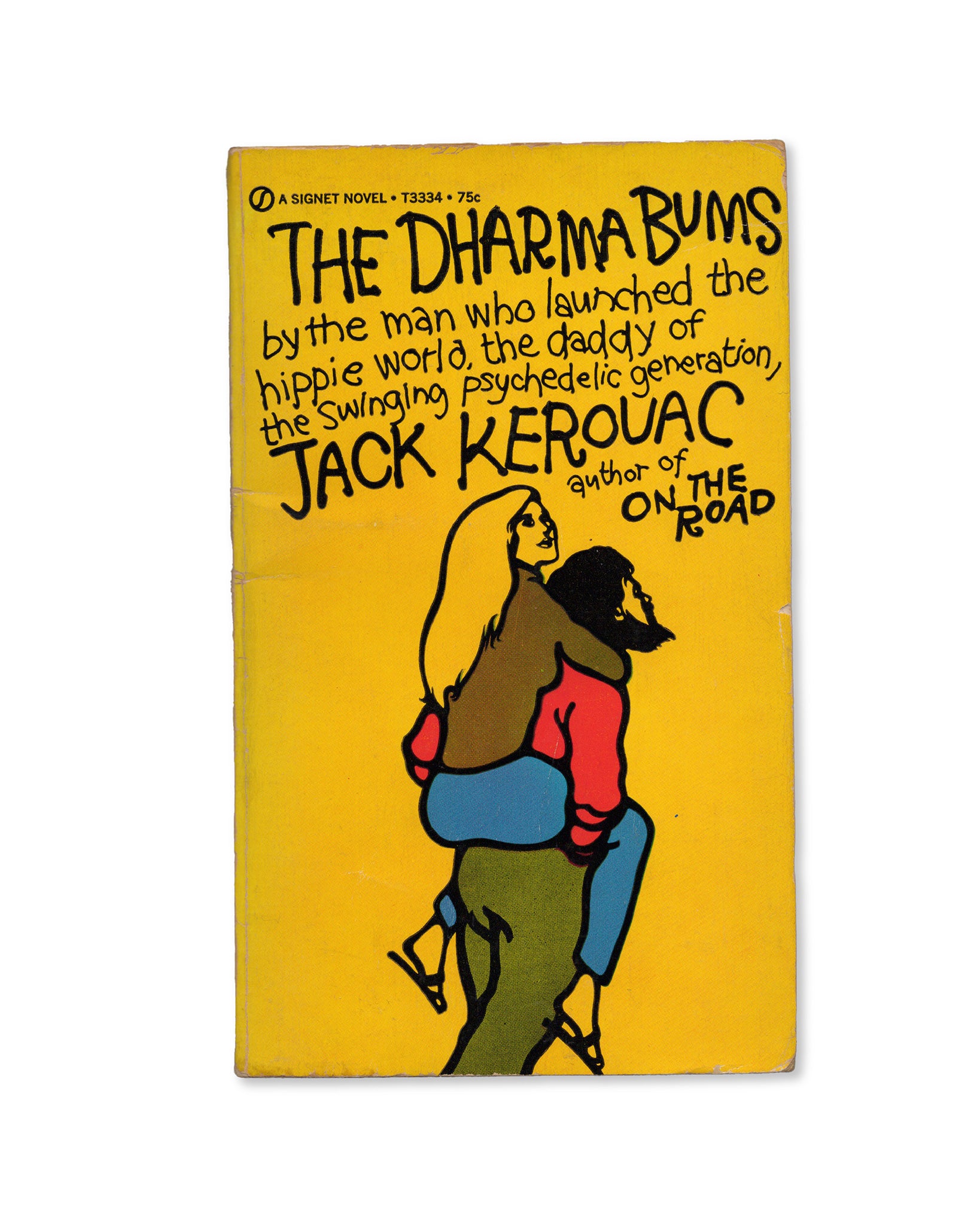 The cover of the book 'The Dharma Bums' by Jack Kerouac features an illustration of two characters on a yellow background.