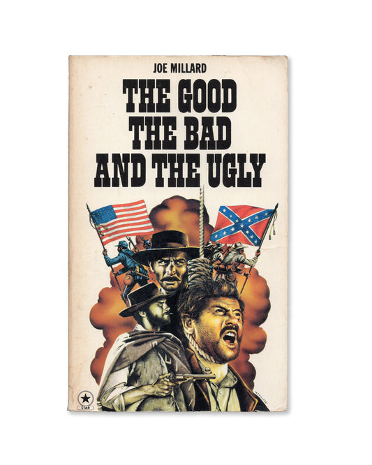Book cover of 'The Good, the Bad, and the Ugly' with three men and flags on a beige background