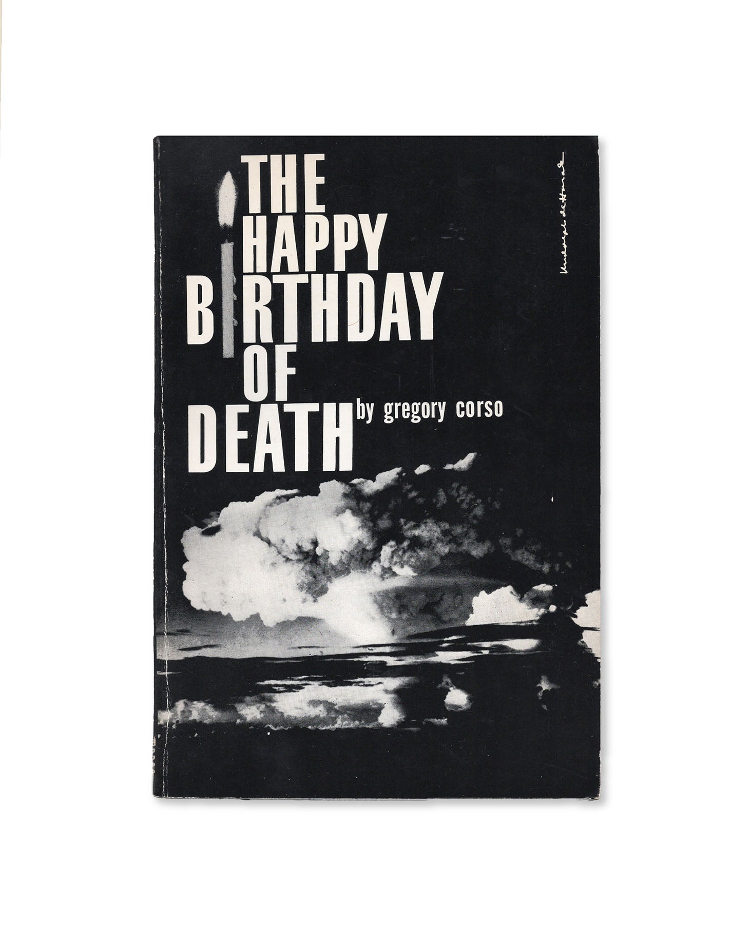 Book cover of 'The Happy Birthday of Death' by Gregory Corso with a black and white photograph of an explosion.