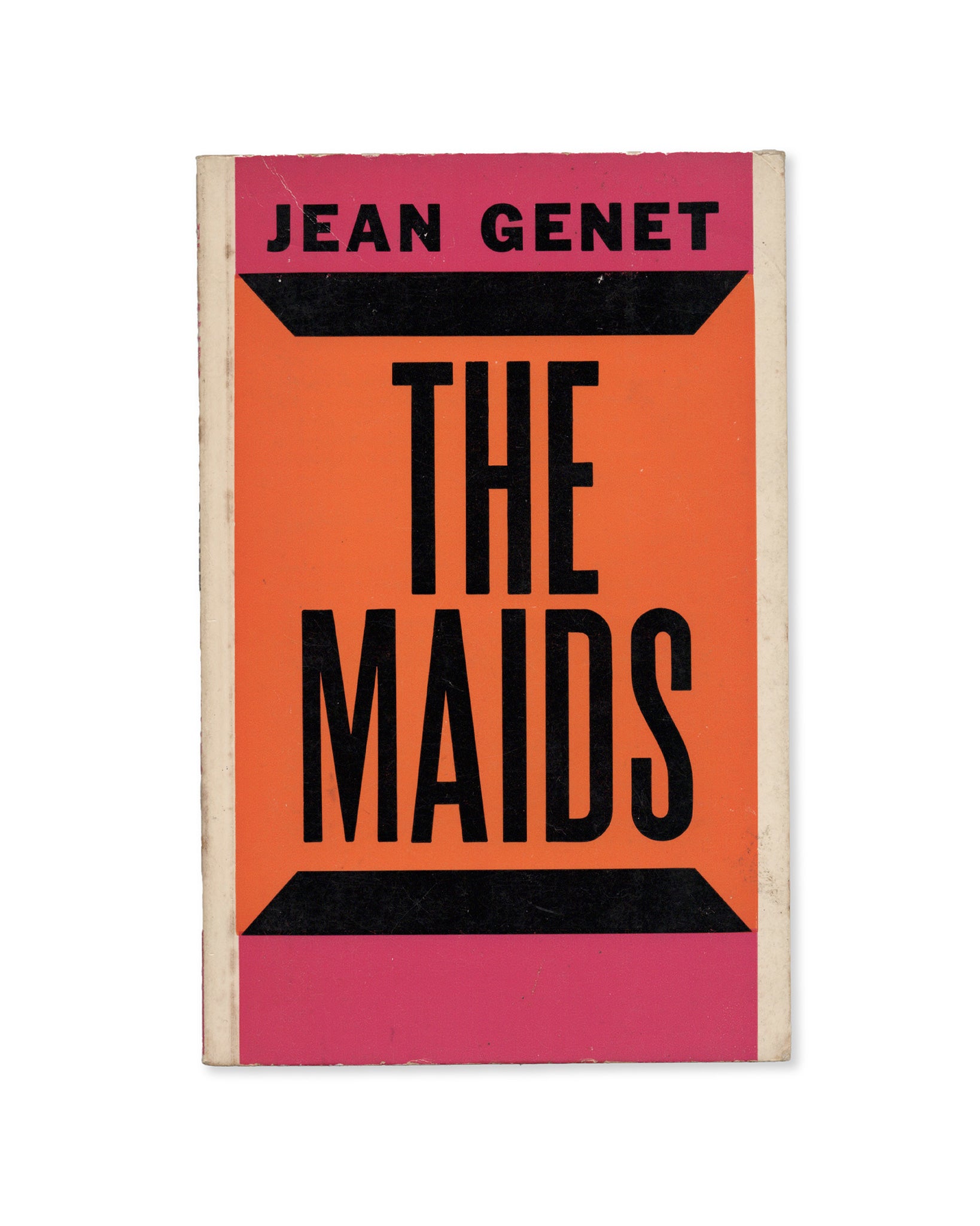 A book cover of 'The Maids' by Jean Genet, featuring a orange and pink design with black text.