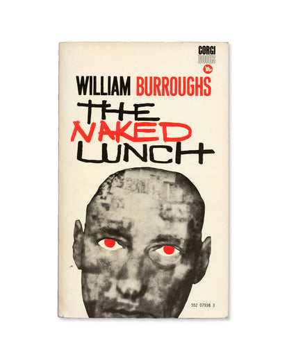 Book cover of 'The Naked Lunch' by William Burroughs with a stylized illustration of Burroughs face with red eyes.