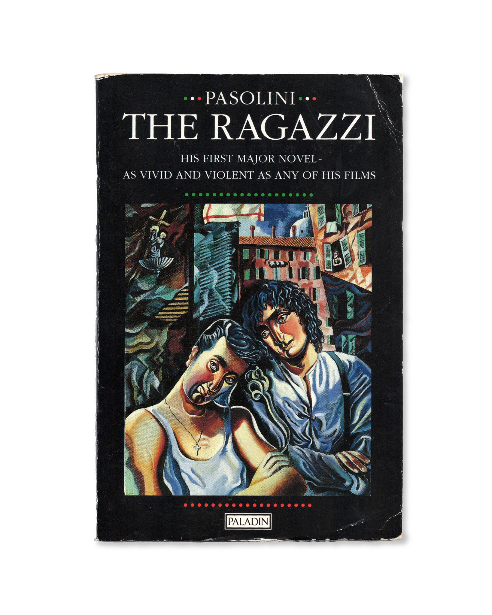 Book cover of 'The Ragazzi' by Pasolini with artistic depiction on a black background