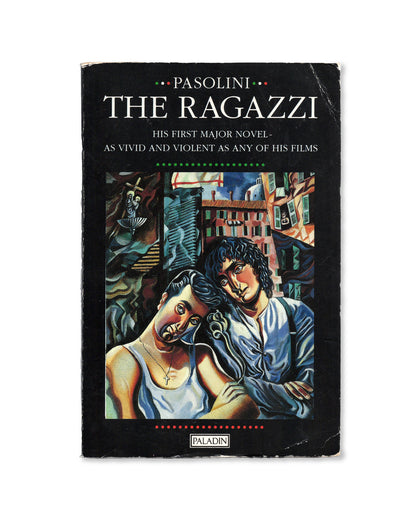Book cover of 'The Ragazzi' by Pasolini with artistic depiction on a black background