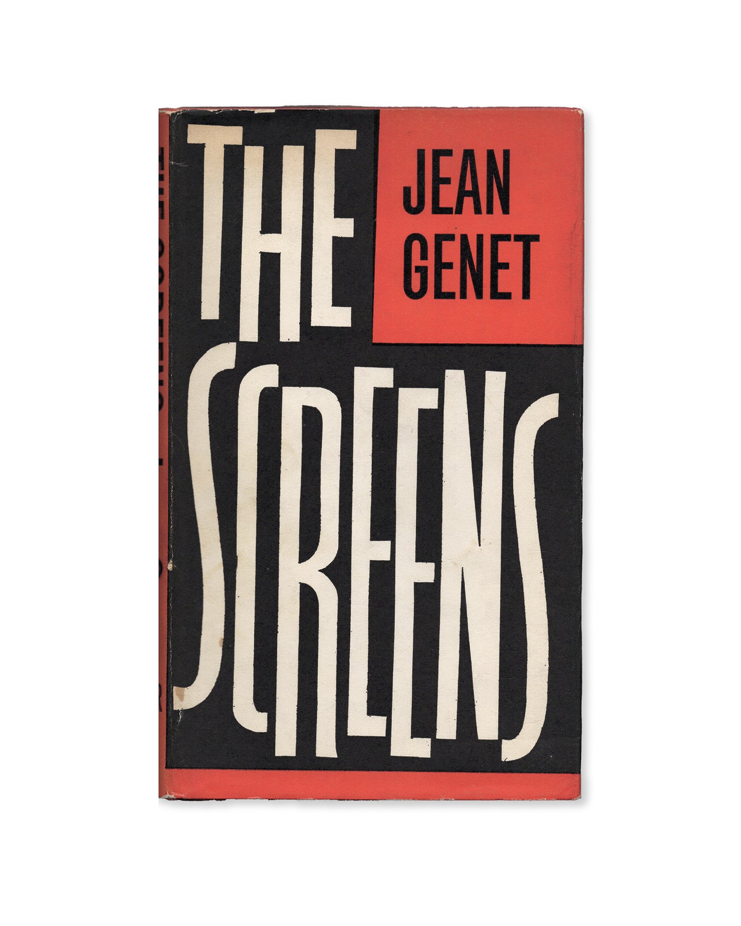 First Edition Hardback cover of 'The Screens' by Jean Genet, featuring bold white text on a red background