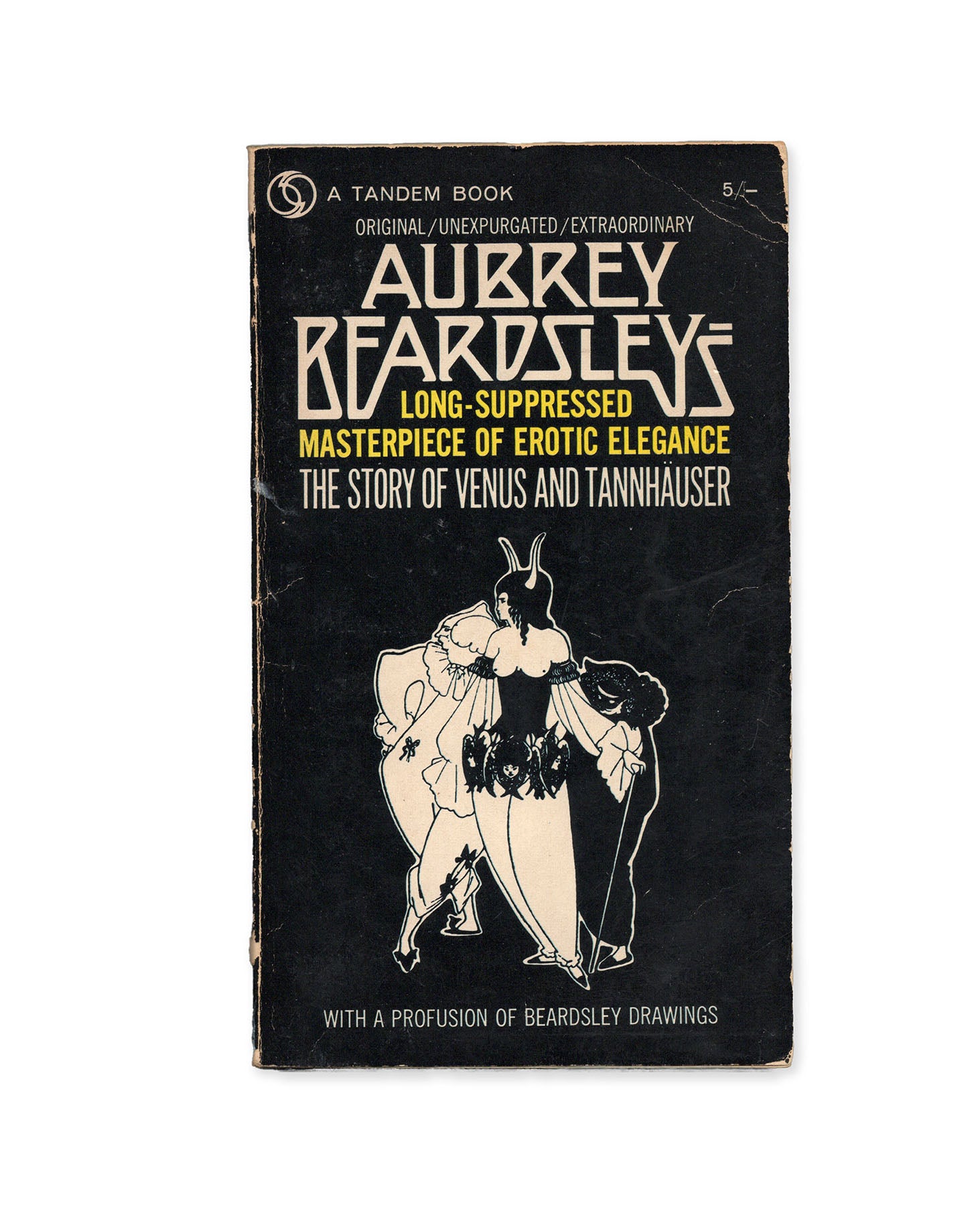 Vintage paperback book cover for 'The Story of Venus and Tannhauser' by Aubrey Beardsley, featuring a black background with cream and yellow text and an illustration.