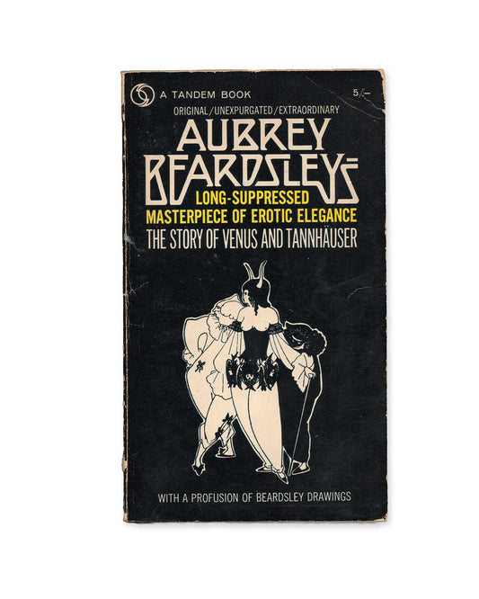 Vintage paperback book cover for 'The Story of Venus and Tannhauser' by Aubrey Beardsley, featuring a black background with cream and yellow text and an illustration.